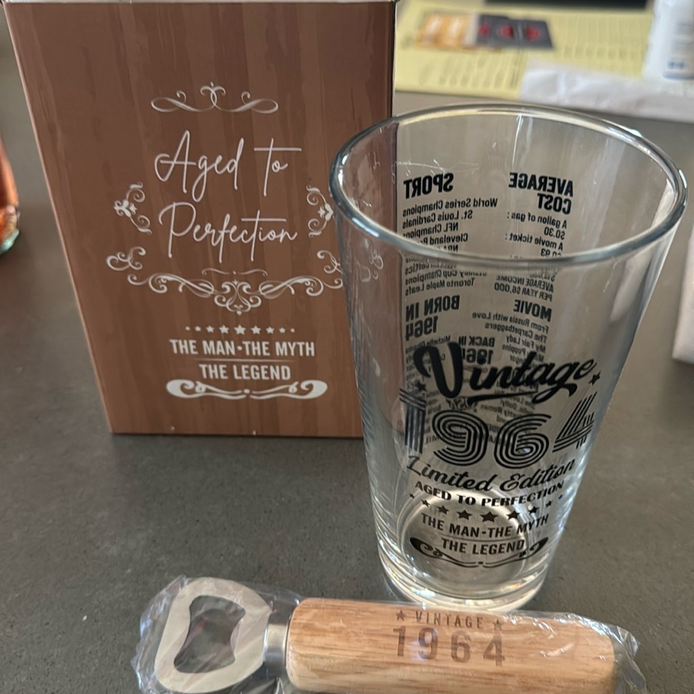 Vintage 1964 Glass with bottle opener Birthday 1964. Great gift brand new.